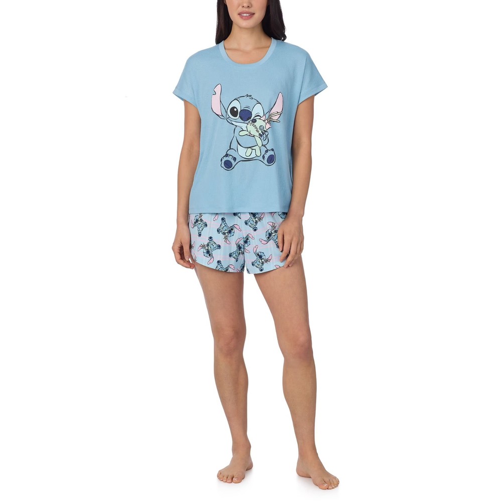 Disney Stitch Womens 2 Piece Pajama Set Blue Short Sleeve Shorts Size L NEW